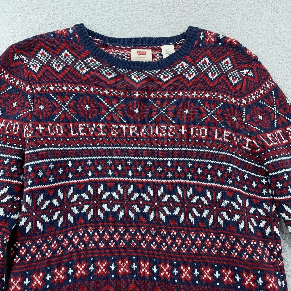 Levi's Holiday Sweater Mens Small Fair Isle Knit Navy Red Crewneck Pullover Xmas